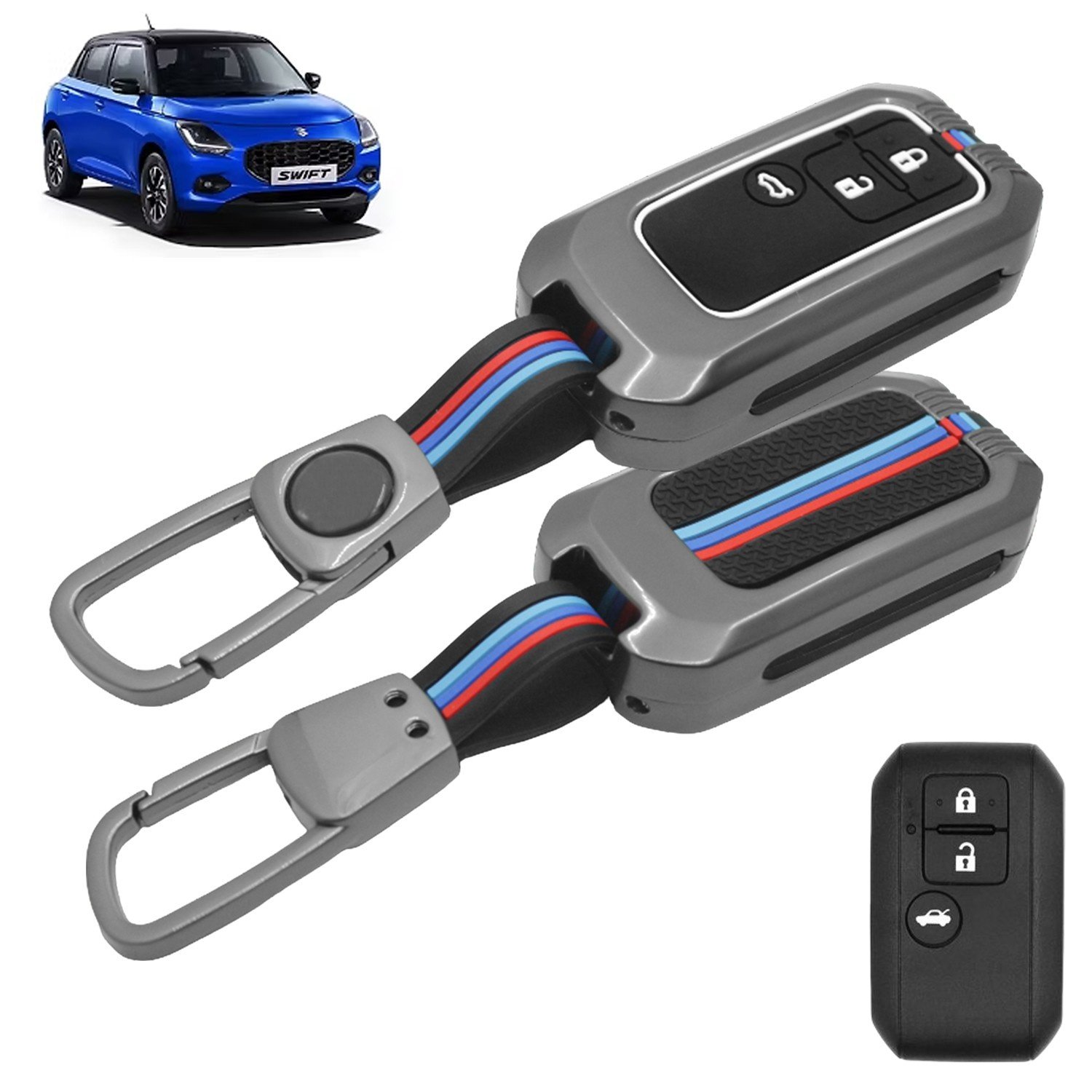 CARZEX Car Key Cover Compatible with Maruti Suzuki Dzire | Ertiga | jimny | Baleno| Grand Vitara | XL6 | Swift | New Brezza | 3 Smart Button Metal Silicone TPU Protective Shell with Keychain (Black) 65 1 7