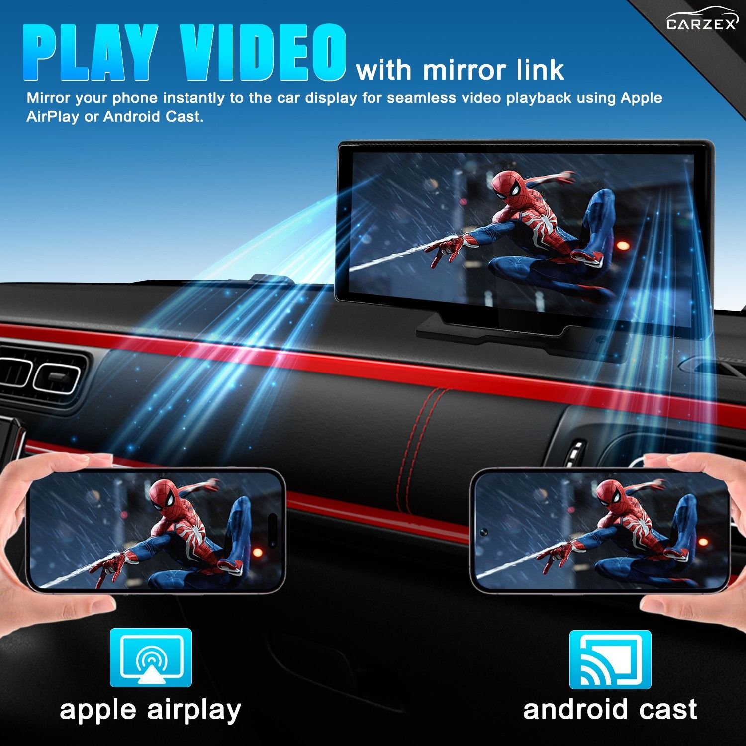 CARZEX 10 Inch, 4k Dash Camera for Car, Supports Apple CarPlay/Android Auto System Touch Screen, 1080p Rear Cam for Car with GPS, with Voice Control, Bluetooth for All Vehicles 55 3