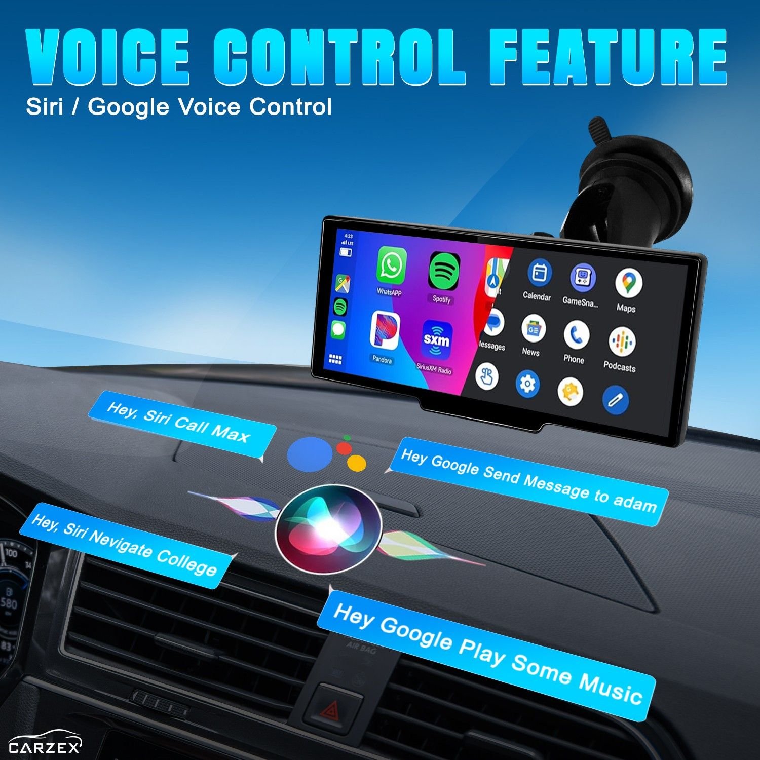 CARZEX 10 Inch, 4k Dash Camera for Car, Supports Apple CarPlay/Android Auto System Touch Screen, 1080p Rear Cam for Car with GPS, with Voice Control, Bluetooth for All Vehicles 60 8